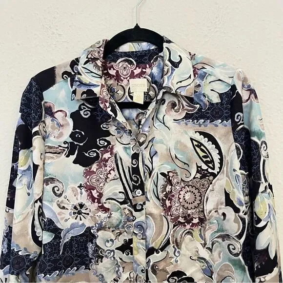 Chicos Mystic Mix Geneva BoHo Silky Shirt Blouse Button Down Paisley Size Small - Picture 3 of 9